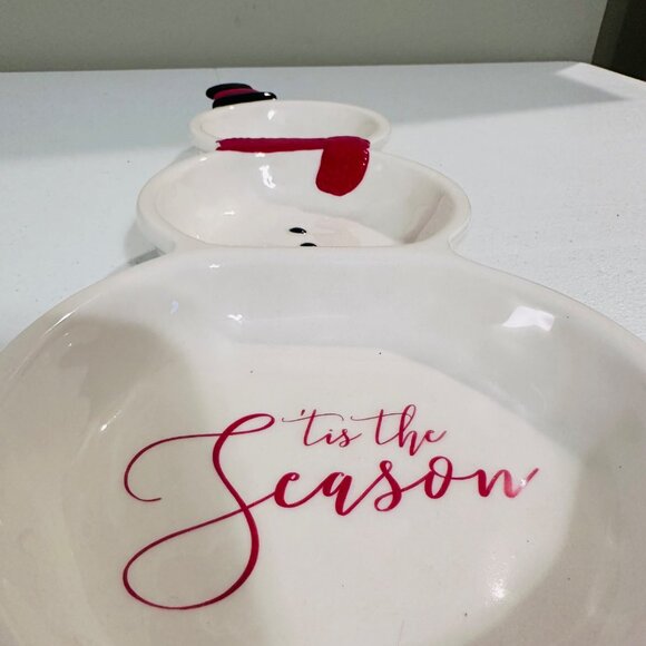 Ceramic Snowman 3 Section Server Dish Tis The Season By Grasslands Road - Picture 12 of 14